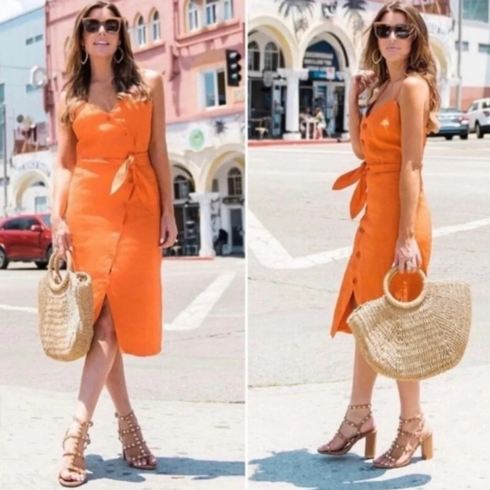 Joie Carnell Buttoned Midi Belted Linen Dress in Warm Terracotta